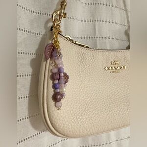 Designer Inspired Boho Purple Beaded Bag Charm Keychain with Real Pearl Detail